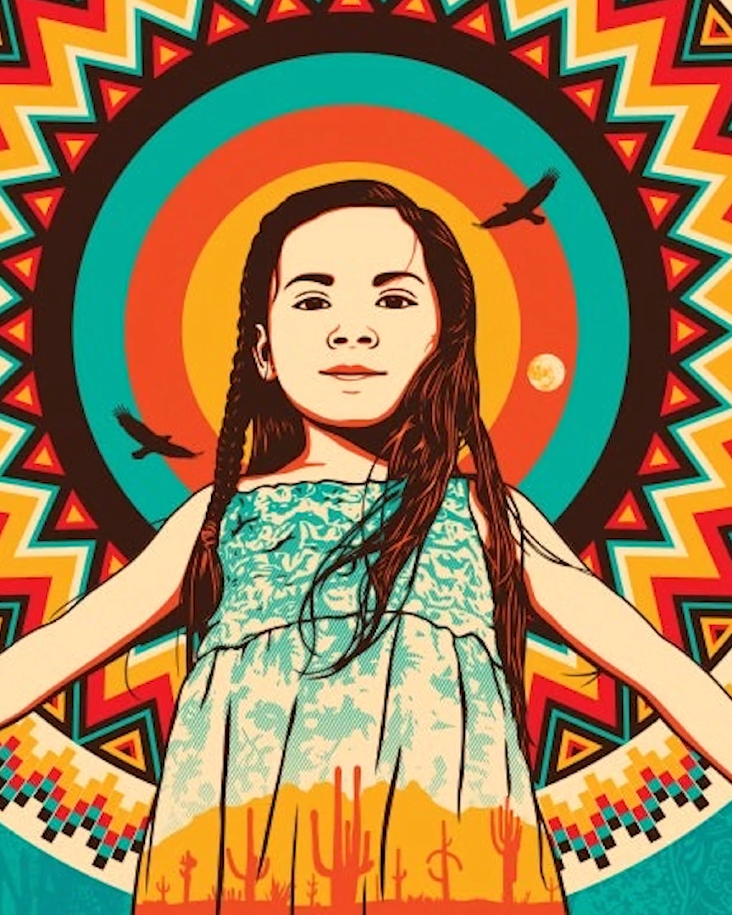 A young girl stands in the foreground with a backdrop of flying birds and a halo of concentric circles.