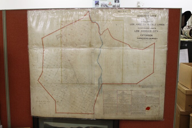 City Map No. 58, the 1857 document revealing the original plan for Los Angeles street names, is preserved within the Los Angeles City Archives. Photo courtesy of Michael Holland.