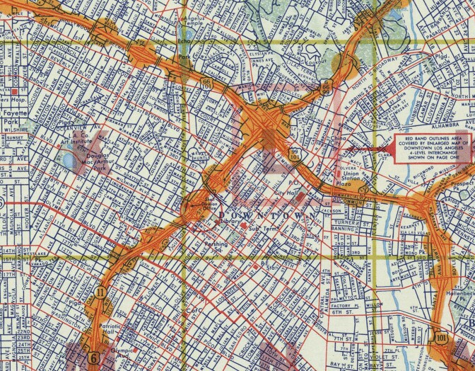 This 1956 Shell Oil roadmap highlights L.A.'s freeways in orange. Note that each freeway bears several route numbers -- one reason why Angelenos initially referred to freeways by name rather than number. Courtesy of the David Rusmey Map Collection.