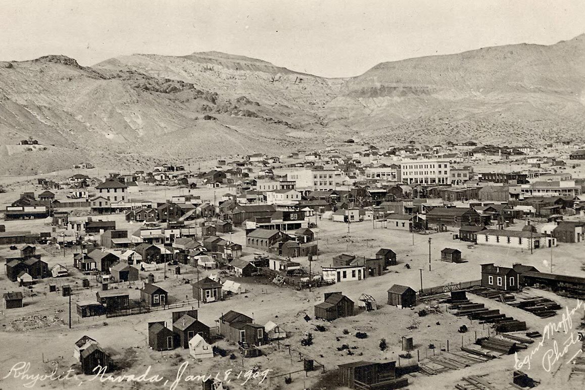 A view of Rhyolite, NV, January 18, 1909. Photographed by E. Moffat. | Courtesy of University of Nevada, Reno, Special Collections.