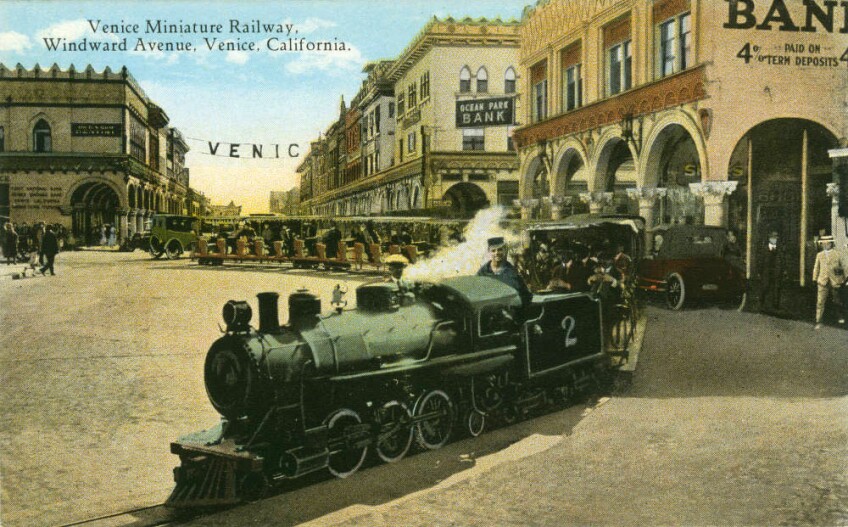 In addition to gondolas, a miniature railroad provided transportation through Abbot Kinney's Venice of America development. Courtesy of the Werner Von Boltenstern Postcard Collection, Loyola Marymount University Library.