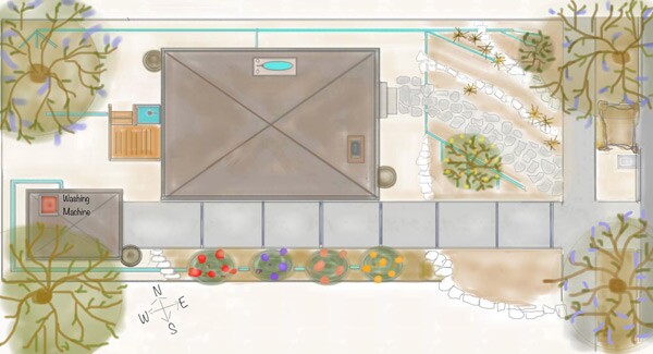 Keep new plantings to a minimum. The illustration thins out the branches to reveal underlying landscape, not as a recommendation of bonsai treatments for canopies.