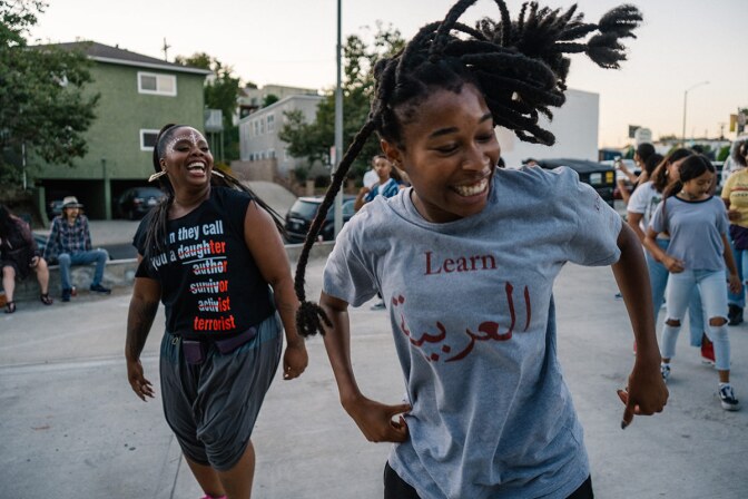 "Fuck White Supremacy, Let’s Get Free" by Patrisse Cullors. Performance documentation from August 10, 2019. | Courtesy of the artist, LTD Los Angeles and Gia Solis.