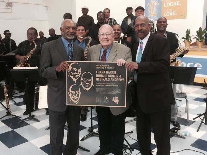 Frank Harris, Donald Dustin & Reggie Andrews at ceremony dedicating the Locke Music building (2016) | Courtesy of Ralph Peterson