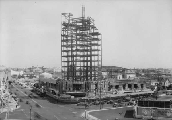 The Pellissier Building and Wiltern Theater under construction in 1931. Courtesy of the USC Libraries - Dick Whittington Photography Collection.