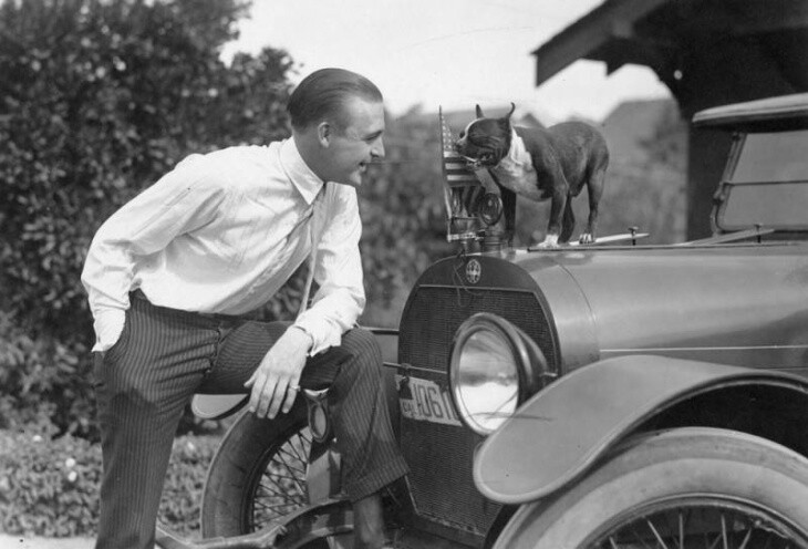 Actor Wallace Reid rests his foot on a car, possibly a McFarlan Six, as a small black and white dog watches. Reid died in 1923 at age 31. | Security Pacific National Bank Photo Collection/Los Angeles Public Library Collection
