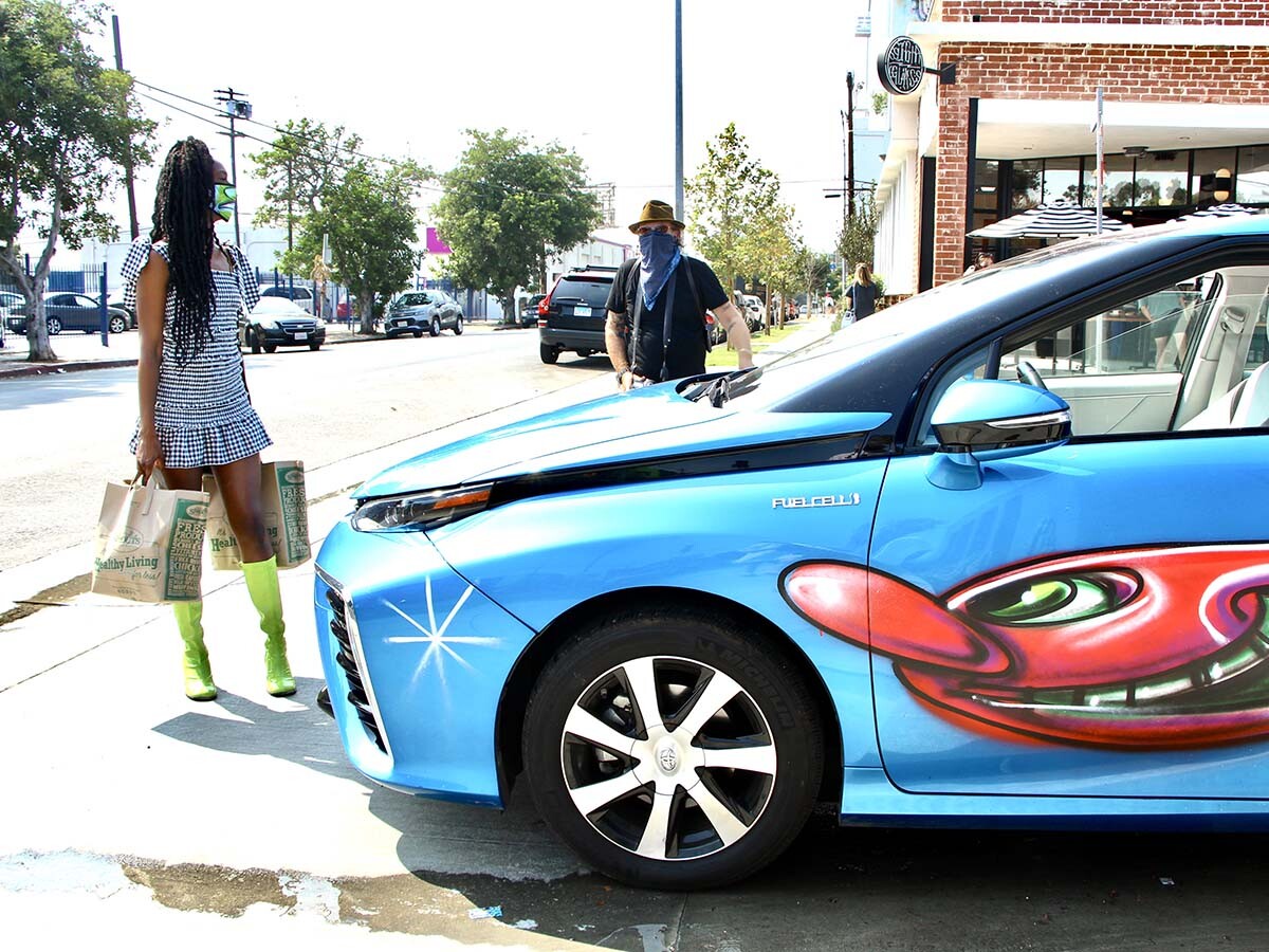 A blue car participating at Kenny Scharf's "Karbombz!" car parade September 26, 2020 | Jordan Riefe