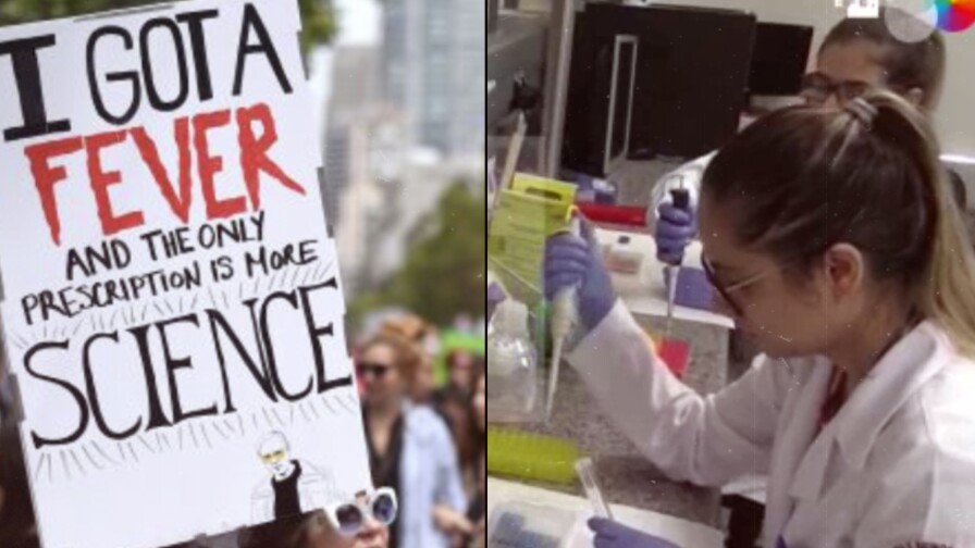 Split image with one side of a lab worker and the other side of a person holding up a demonstration sign.