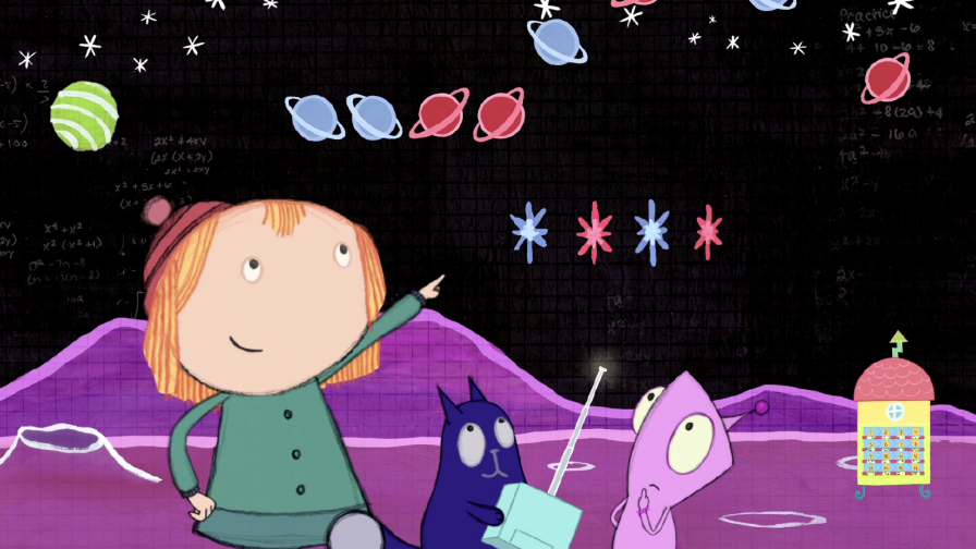 Peg and Cat and Richard looking at the night sky to compare patterns