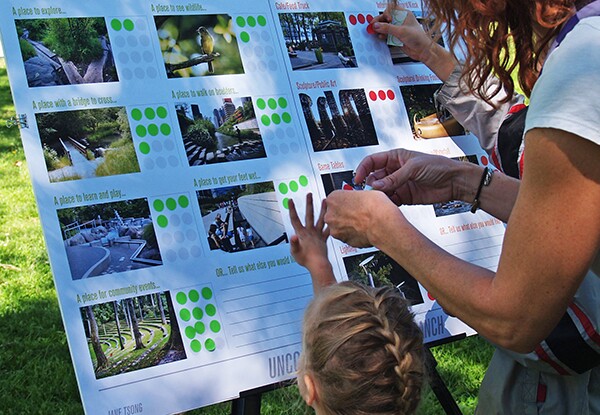 Participants at the Living Museum event identify their vision for the North Branch. Photo by Jane Tsong. Original posters for event created by Joshua Link.