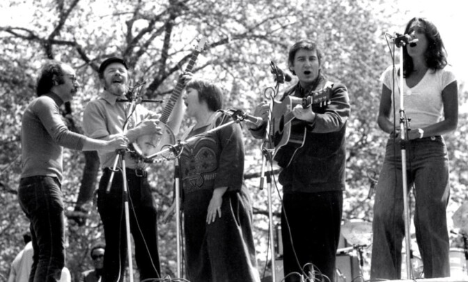 Barbara Dane singing at a rally with Pete Seeger and Joan Baez | Courtesy of the Barbara Dane Legacy Project