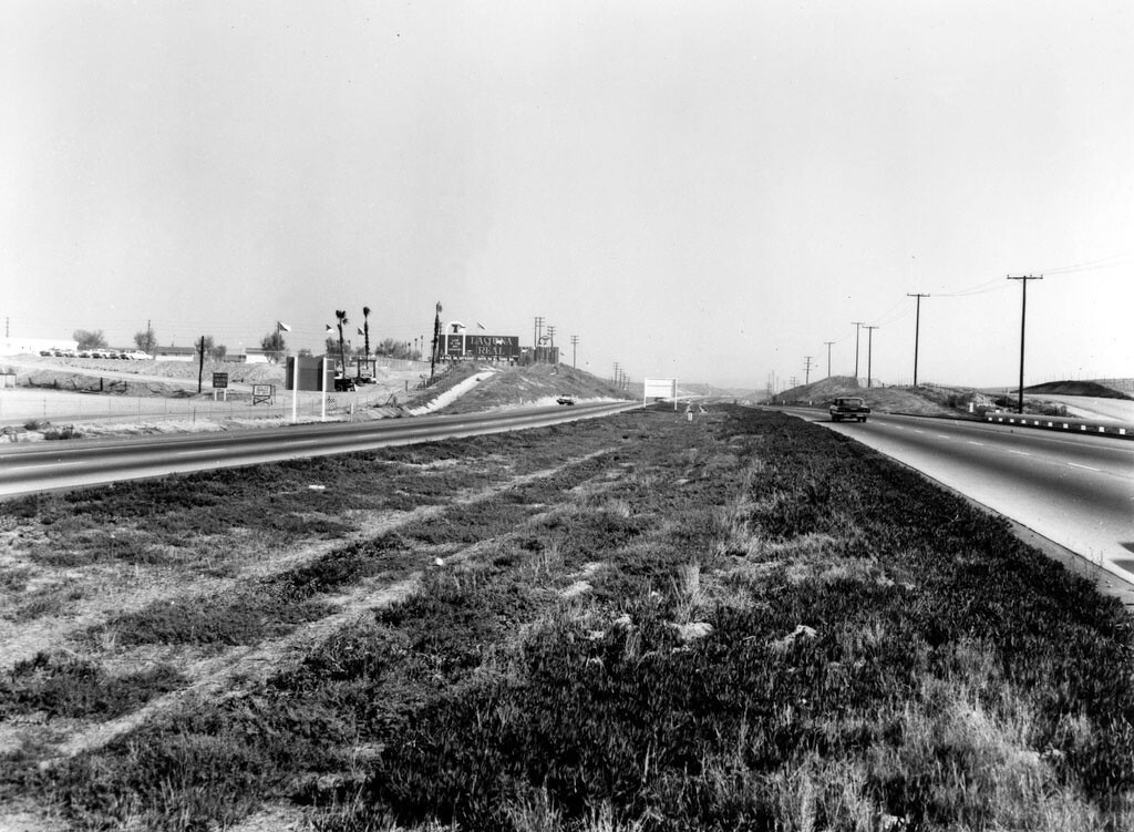 A view of the same freeway further south at El Toro in 1964, also courtesy of the Orange County Archives. That commodious median has since been converted into several additional traffic lanes.