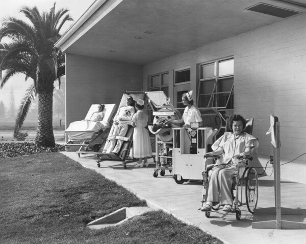 One of the covered porches at the Rancho Los Amigos Hospital, 1955 | Photo: Security Pacific National Bank Collection, Los Angeles Public Library