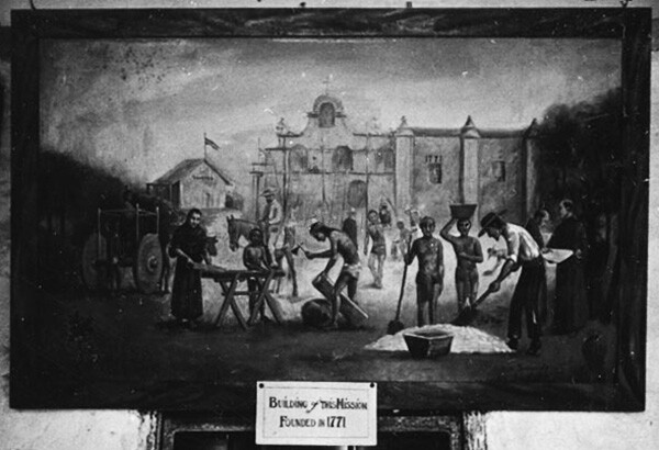 Photo: A painting inside the Mission San Gabriel, depicting its founding in 1771. | Courtesy of the Los Angeles Public Library