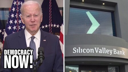 Images of President Biden speaking before two microphones and the facade of Silicon Valley Bank.