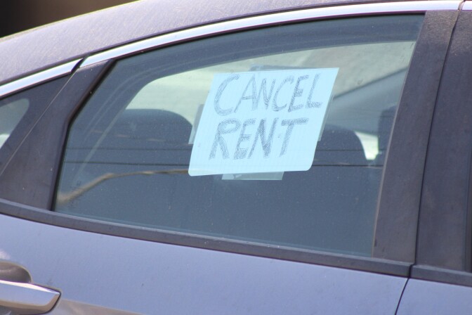 A cancel rent sign taped to a car window, as a part of the rent relief protest in L.A. on May 1 | Karen Foshay