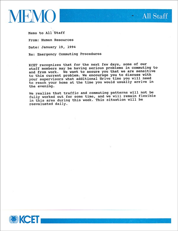 A KCET interoffice memo distributed following the Northridge earthquake in January, 1994. | Photo: KCET Archives