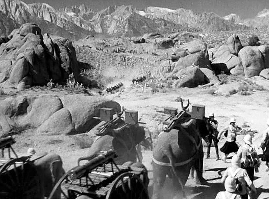 The exotic temple scene in “Gunga Din” (1939) starring Cary Grant and Douglas Fairbanks, Jr., was constructed in the heart of the Alabama Hills outside of Lone Pine, California — a favorite location for classic Western films. RKO Radio Pictures.