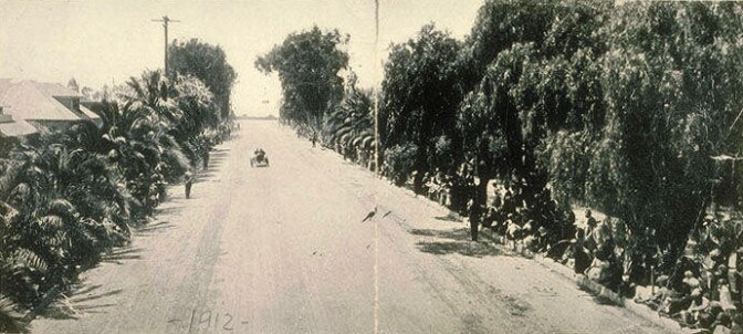 A 1912 view of Wilshire Boulevard, then named Nevada Avenue, in Santa Monica. Courtesy of the Santa Monica Public Library Image Archives.