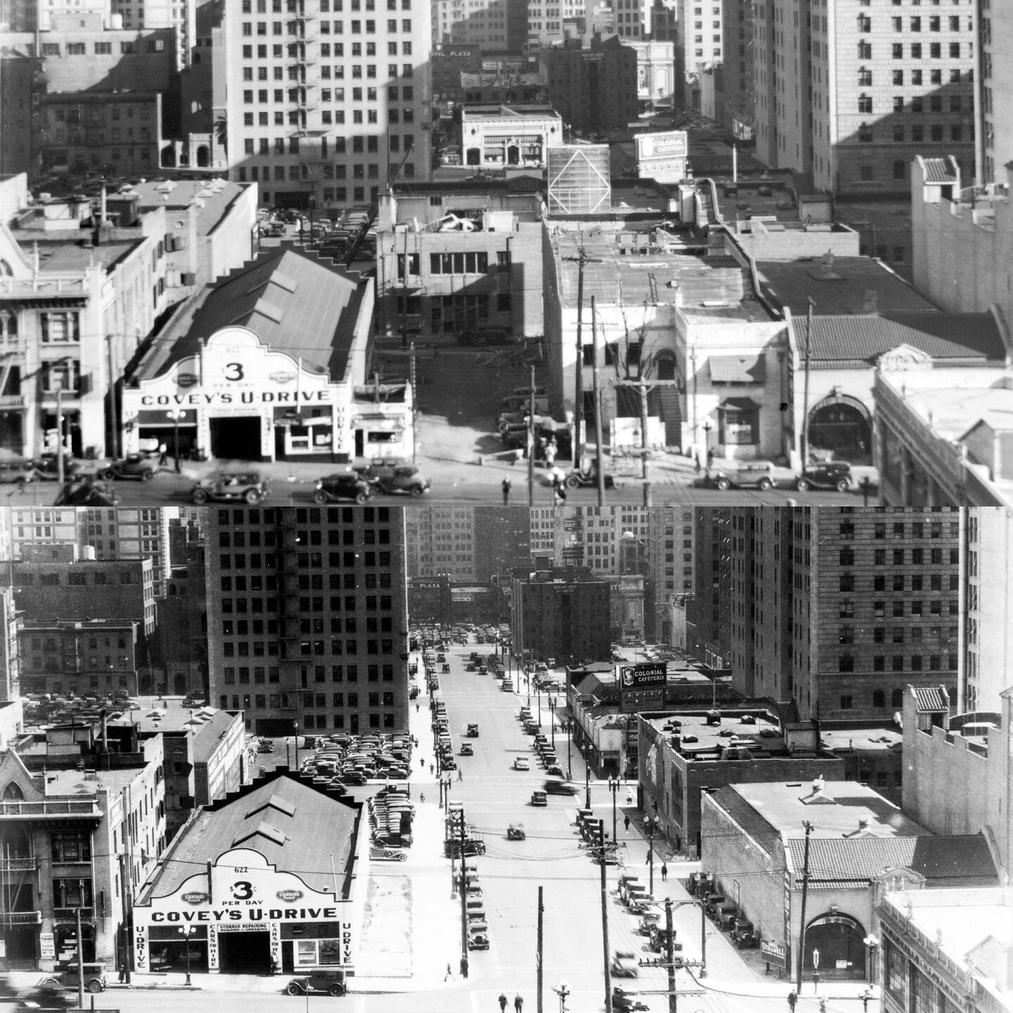 Between 1930 and 1931, the city extended Wilshire Boulevard three blocks into downtown Los Angeles, from Figueroa to Grand. 1930 and 1934 photographs courtesy of the USC Libraries - California Historical Society Collection.