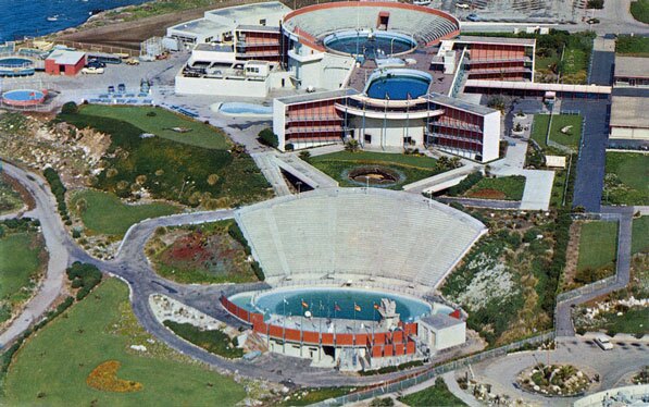 Postcard showing an aerial view of Marlineland of the Pacific, circa 1960. Courtesy of the Werner Von Boltenstern Postcard Collection, Department of Archives and Special Collections, Loyola Marymount University Library.