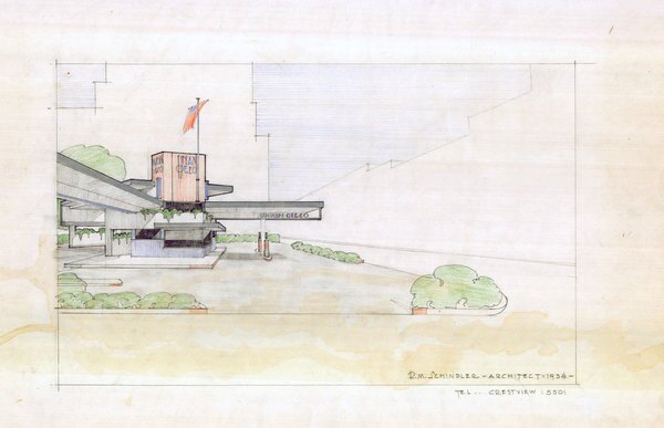 A 1934 architectural rendering by Rudolph Schindler for a Union Oil gas station. Courtesy of the UCSB Art, Design & Architecture Library.