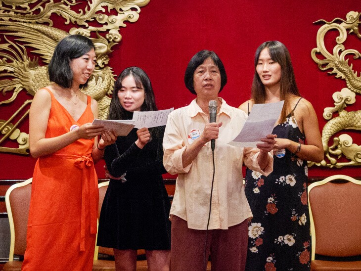 Mei Wong giving a speech at one of CCED's events. | Lucy Truong/CCED Volunteer via LAist