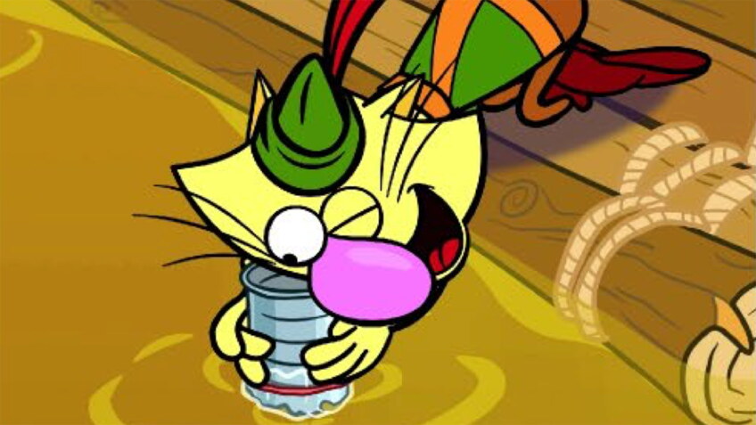 Cartoon cat looks at a pond