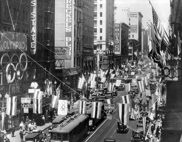 Downtown Los Angeles decorated as the Olympic City in 1932. Courtesy of the LA84 Foundation.