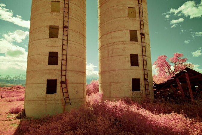 Twin Silos, Collapsed Building & Pink Foliage - Color/Infrared Exposure - Bishop, CA - 2016 | Osceola Refetoff