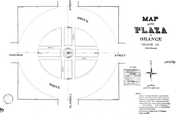 1893 survey map of the Orange Plaza. Courtesy of the Orange County Archives.