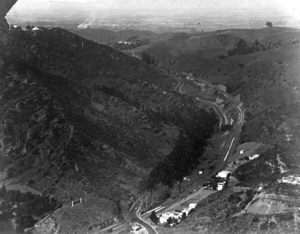 1922 aerial view of the Cahuenga Pass, looking north toward the San Fernando Valley. Courtesy of the Security Pacific National Bank Collection - Los Angeles Public Library.