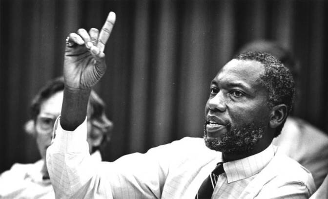 John Outterbridge at a Watts Towers meeting June 15, 1985 | Herald Examiner Collection, Los Angeles Public Library