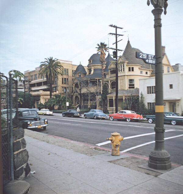 The Melrose Hotel and Hotel Richelieu at Grand Avenue and Second Street in the late 1950s. Photo by George Mann, courtesy of Dianne Woods and the George Mann Archives.