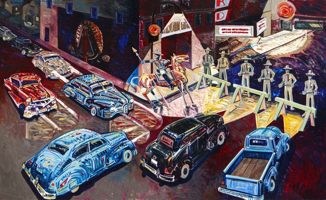 Frank Romero's "The Closing of Whittier Boulevard" from the AltaMed Health Services Corporation collection | Courtesy of AltaMed