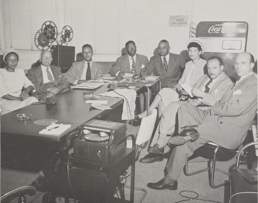 (L-R) Verna Hickman, Titus Alexander, Hale Woodruff, George A. Beavers, Jr., Norman O. Houston, Miriam Matthews, Charles Alston, and Edgar Johnson