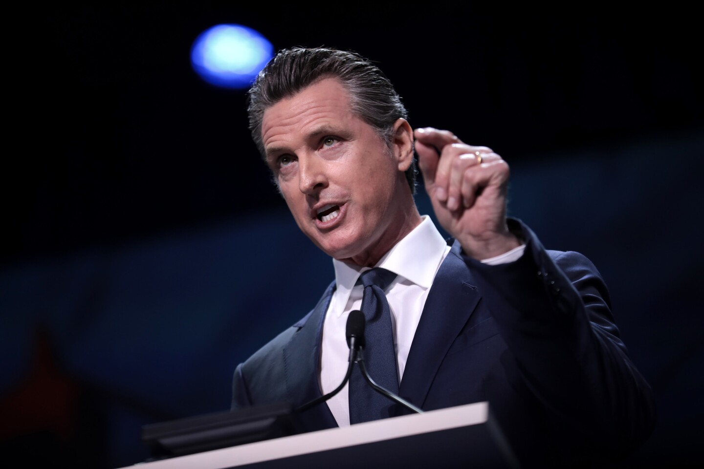California Governor Gavin Newsom at podium