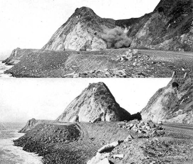 Workers used 107 tons of explosives to create a 60-foot cut through Point Mugu. Photos from the October 1940 issue of California Highways and Public Works, courtesy of the Metro Transportation Library and Archive.