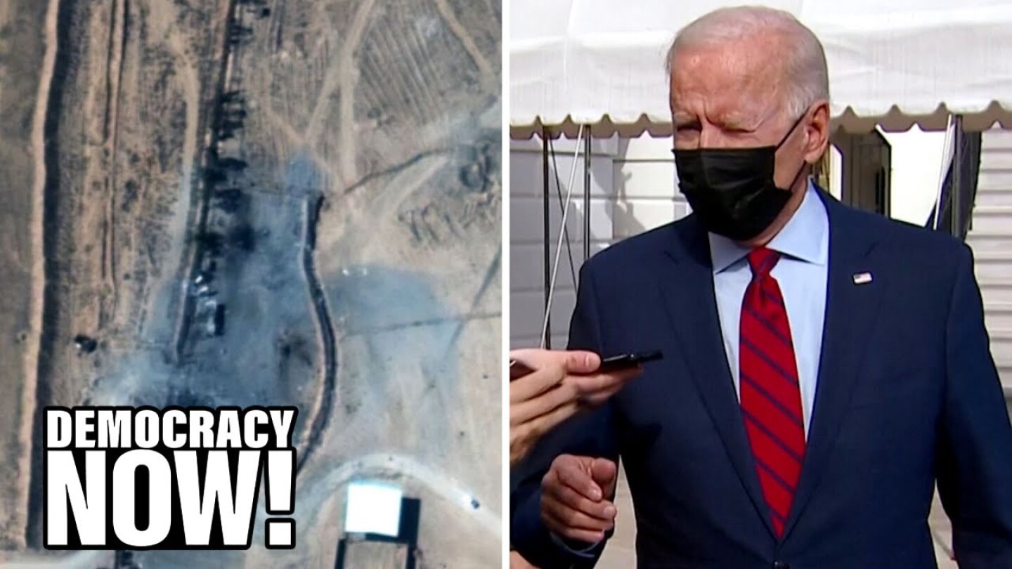 Split image of a top-down view of an area in Syria (left) and President Joe Biden (right).