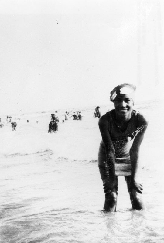 Mary Mingeleton enjoys the surf at Manhattan Beach, possibly at the African American resort of Bruces' Beach shortly before it was condemned by the city. Courtesy of the Shades of LA Collection, Los Angeles Public Library.