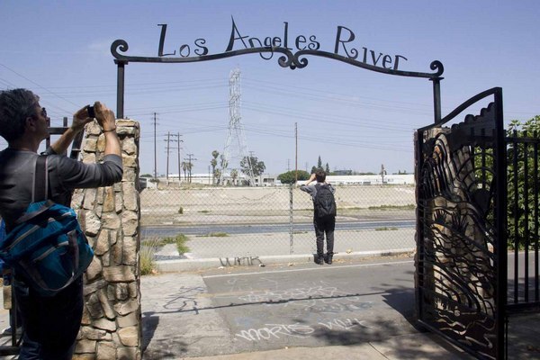 The Los Angeles River sign at Maywood Riverside Park.
