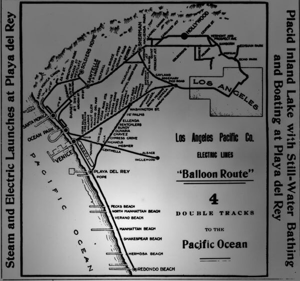 By 1903, the Los Angeles Pacific Railroad added yet another rail connection between Los Angeles and Manhattan Beach. Courtesy of the Title Insurance and Trust, and C.C. Pierce Photography Collection, USC Libraries.