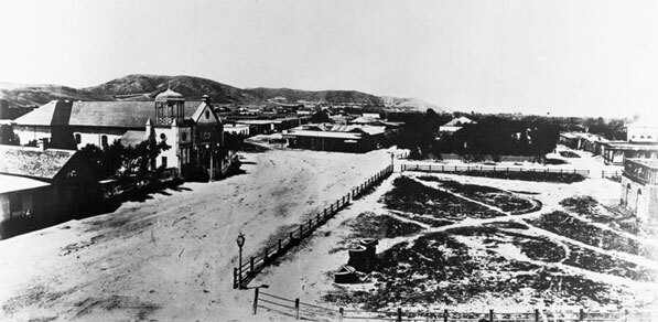 Pre-1869 view of the Los Angeles Plaza. Courtesy of the California Historical Society Collection, USC Libraries.