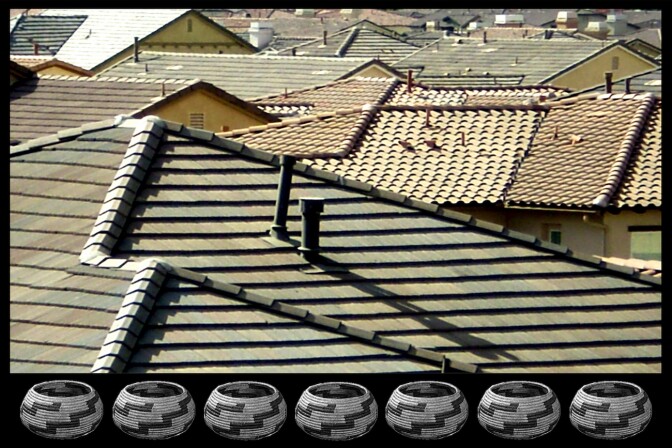 The digital collage "One Tract Mind: Baskets" by Gerald Clarke Jr. pairs images of Native American baskets with photos of tract housing.