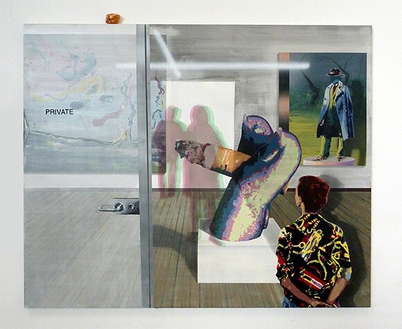 V&B (Alex Jacobs and Ellemieke Schoenmaker). "1% Private." 2014. Mixed media on canvas with copper rock. 54 x 66 in.