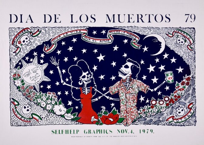 A graphic depicts a man and woman skeleton amidst stars. Above them reads "Dia de los Muertos 79."