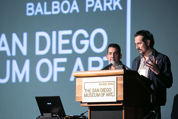 LA/LA Place + Practice organizers Bill Kelley Jr. and Ken Gonzales-Day welcome and opening remarks. LA/LA Place + Practice May 2, 2014. San Diego Museum of Art. | Photo by Bauman Photographers.