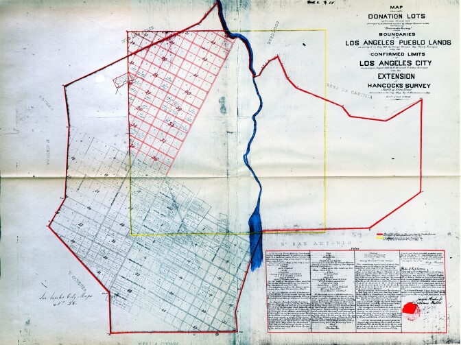 This 1857 survey map sketches out a plan to name Los Angeles streets after U.S. presidents and governors of Mexican California. Scanned from a reproduction in the USC Libraries' Special Collections. Original at the Los Angeles City Archives.