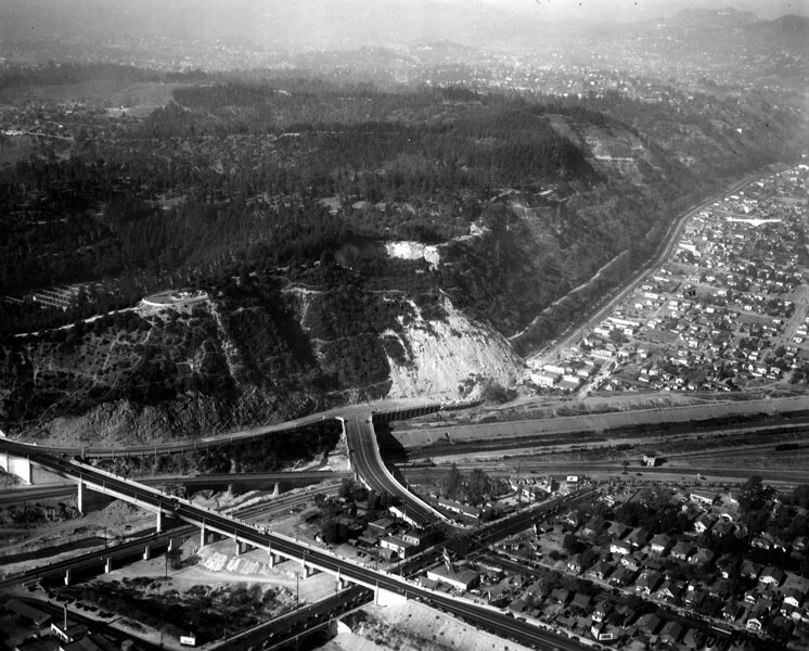An aerial view of the landslide, which crushed the Riverside Drive viaduct and forced the city to condemn several homes and businesses. Courtesy of the Security Pacific National Bank Collection - Los Angeles Public Library.