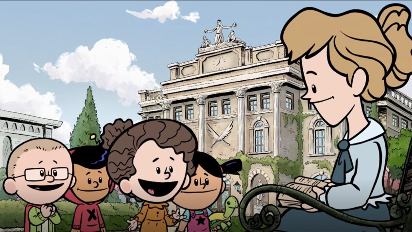 Four cartoon children, on dressed in period clothes, talk to an older girl who is also in period clothes, in front of a grand-looking white building surrounded by gardens.